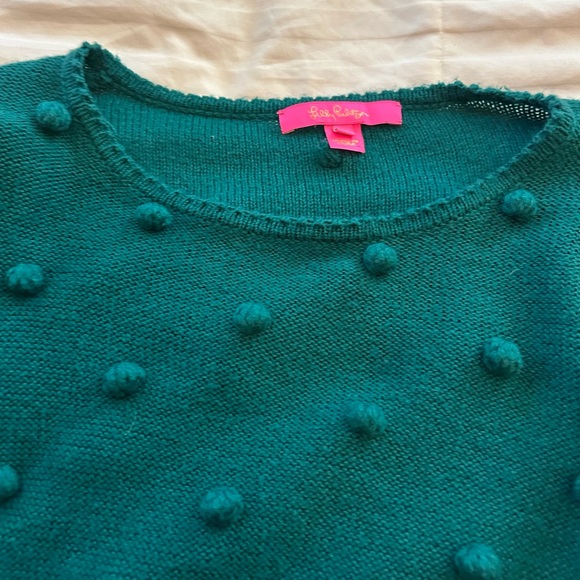 EUC Lilly Pulitzer Kipp’s Puff Blouson Sleeve Pom-Pom Sweater, “Spruce Green” - Picture 6 of 12